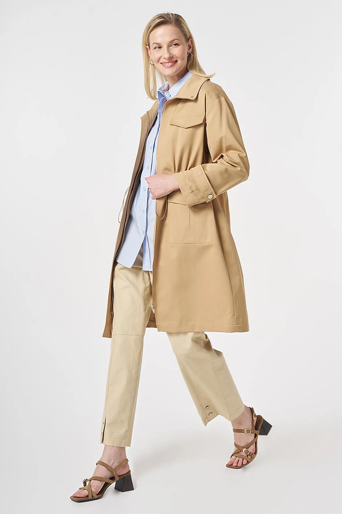 Stand Collar Flap-Pocket Detail Coat Beige