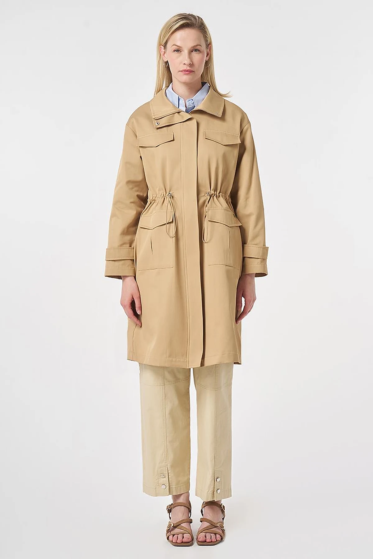 Stand Collar Flap-Pocket Detail Coat Beige