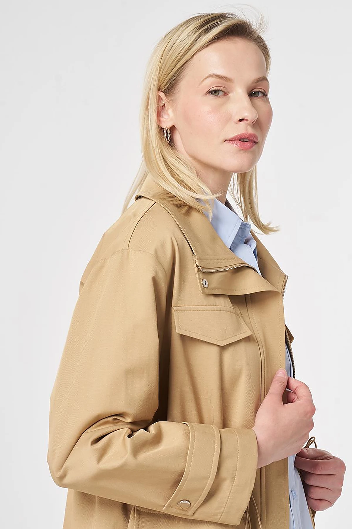 Stand Collar Flap-Pocket Detail Coat Beige