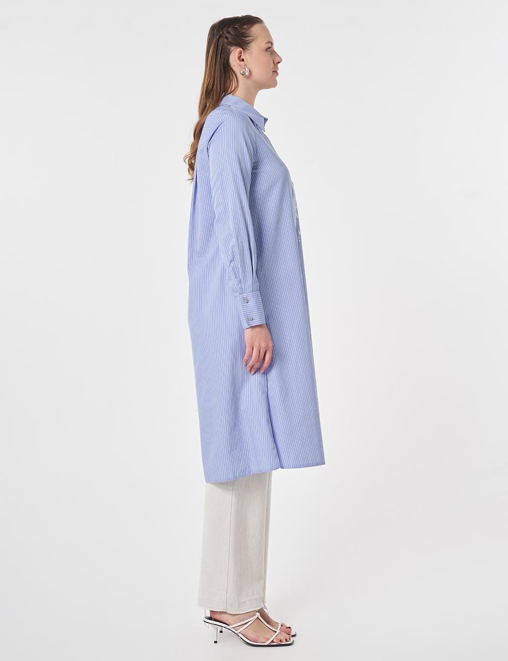 Beaded Embroidered Cotton Long Tunic Air Force Blue