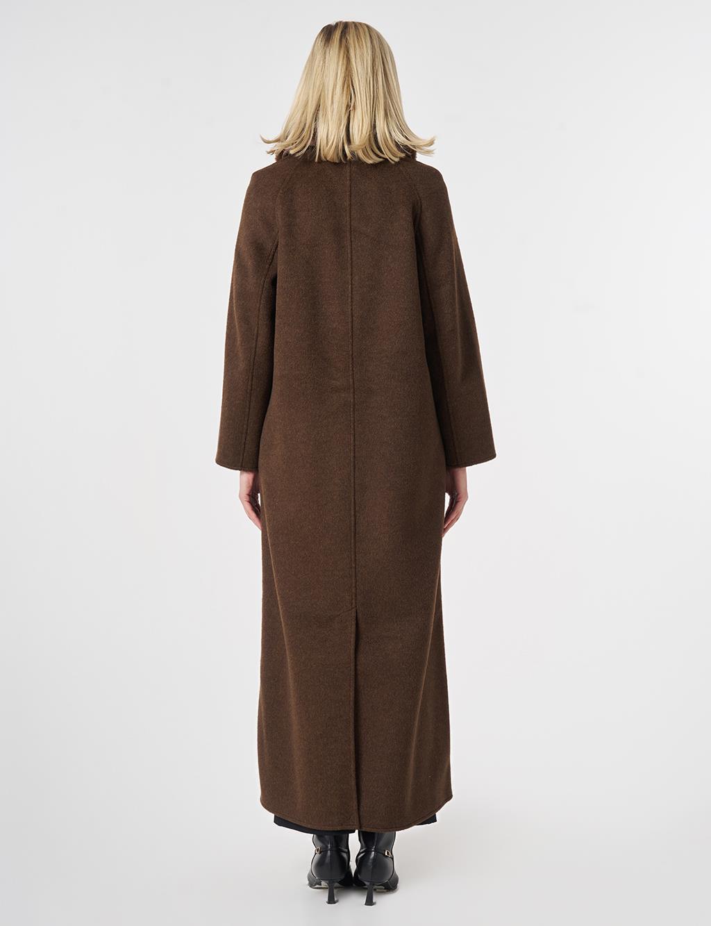 Long Wool Coat with Fur Collar Dark Brown