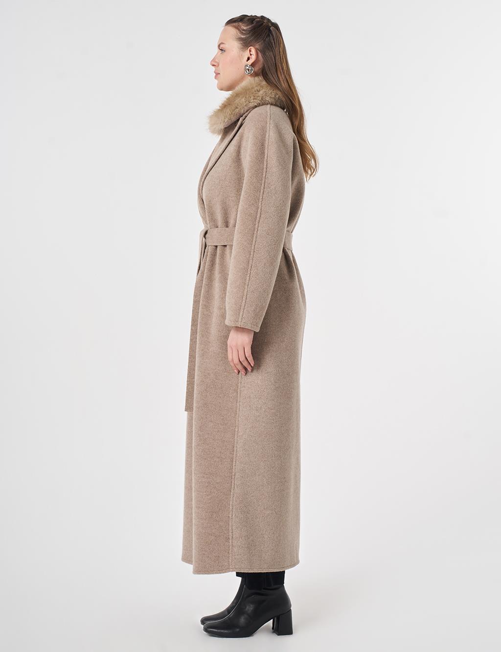 Detachable Faux Fur Collar Wool Coat in Dark Mink