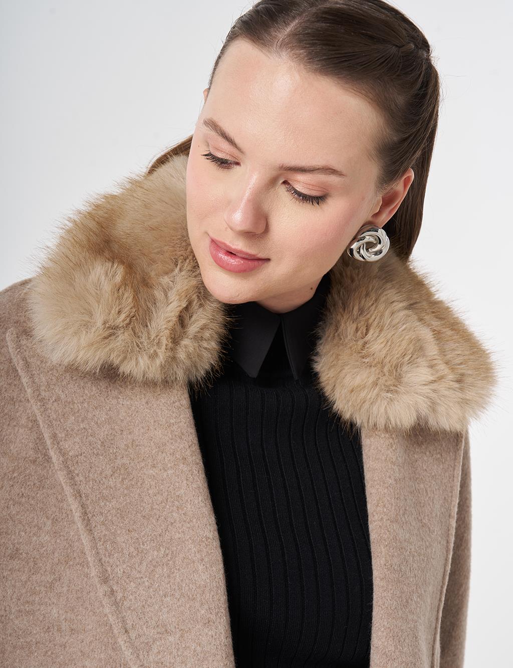 Detachable Faux Fur Collar Wool Coat in Dark Mink