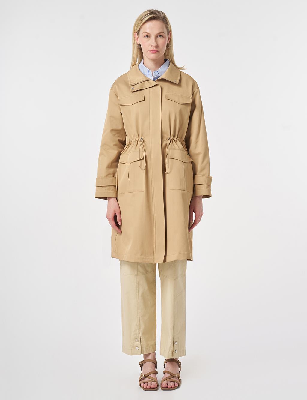 Stand Collar Flap-Pocket Detail Coat Beige