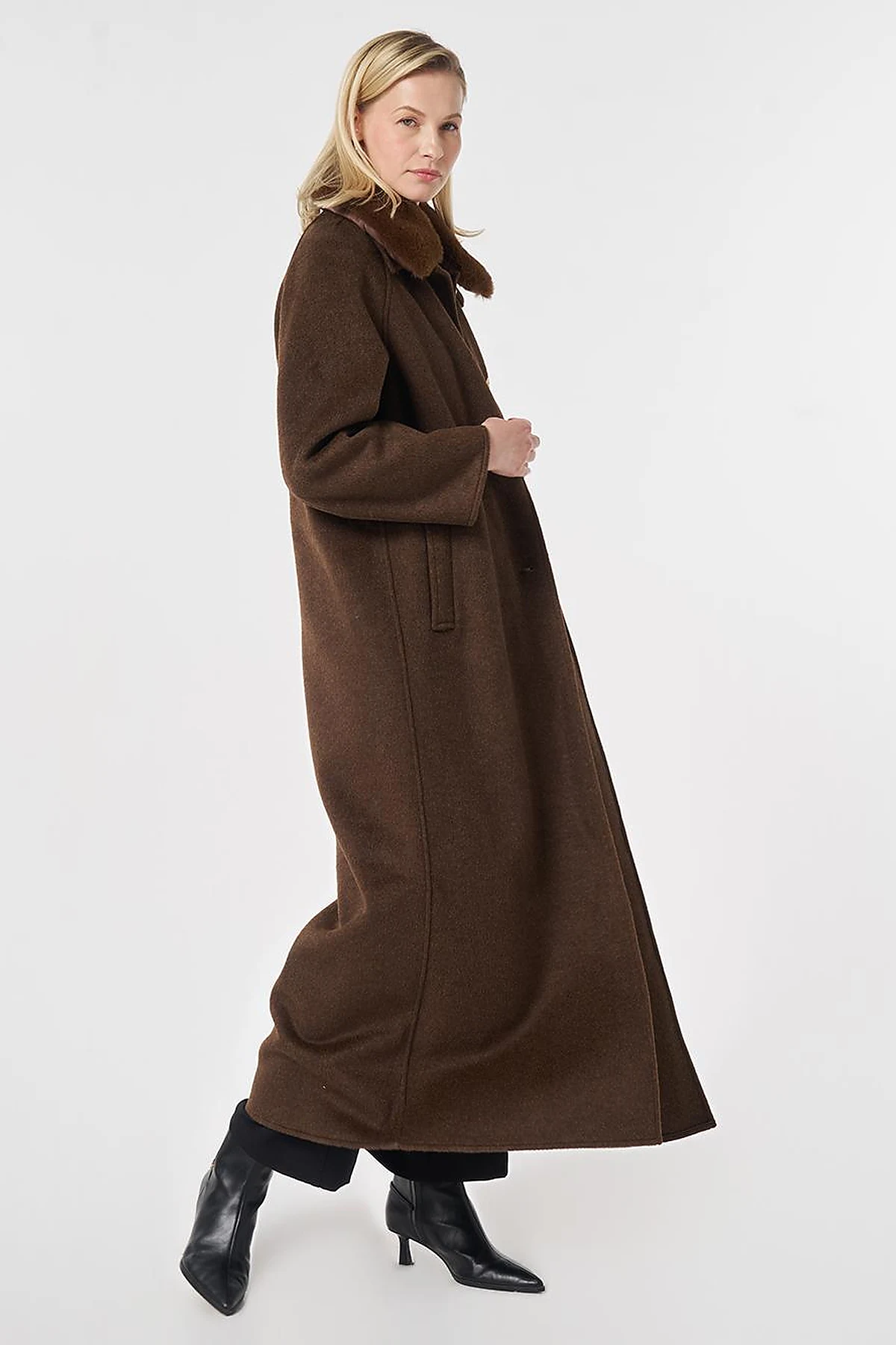 Long Wool Coat with Fur Collar Dark Brown