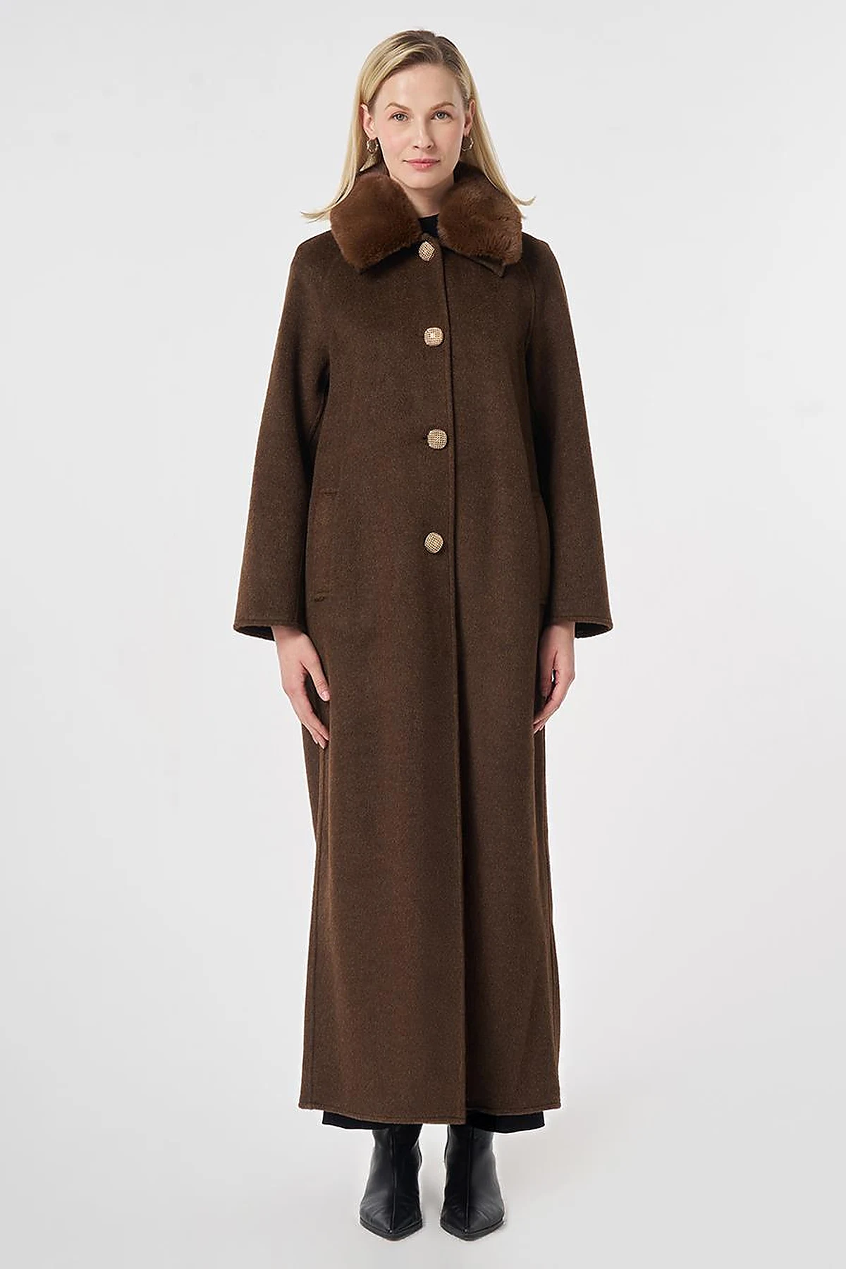 Long Wool Coat with Fur Collar Dark Brown