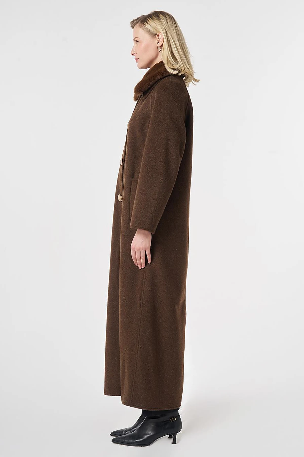 Long Wool Coat with Fur Collar Dark Brown