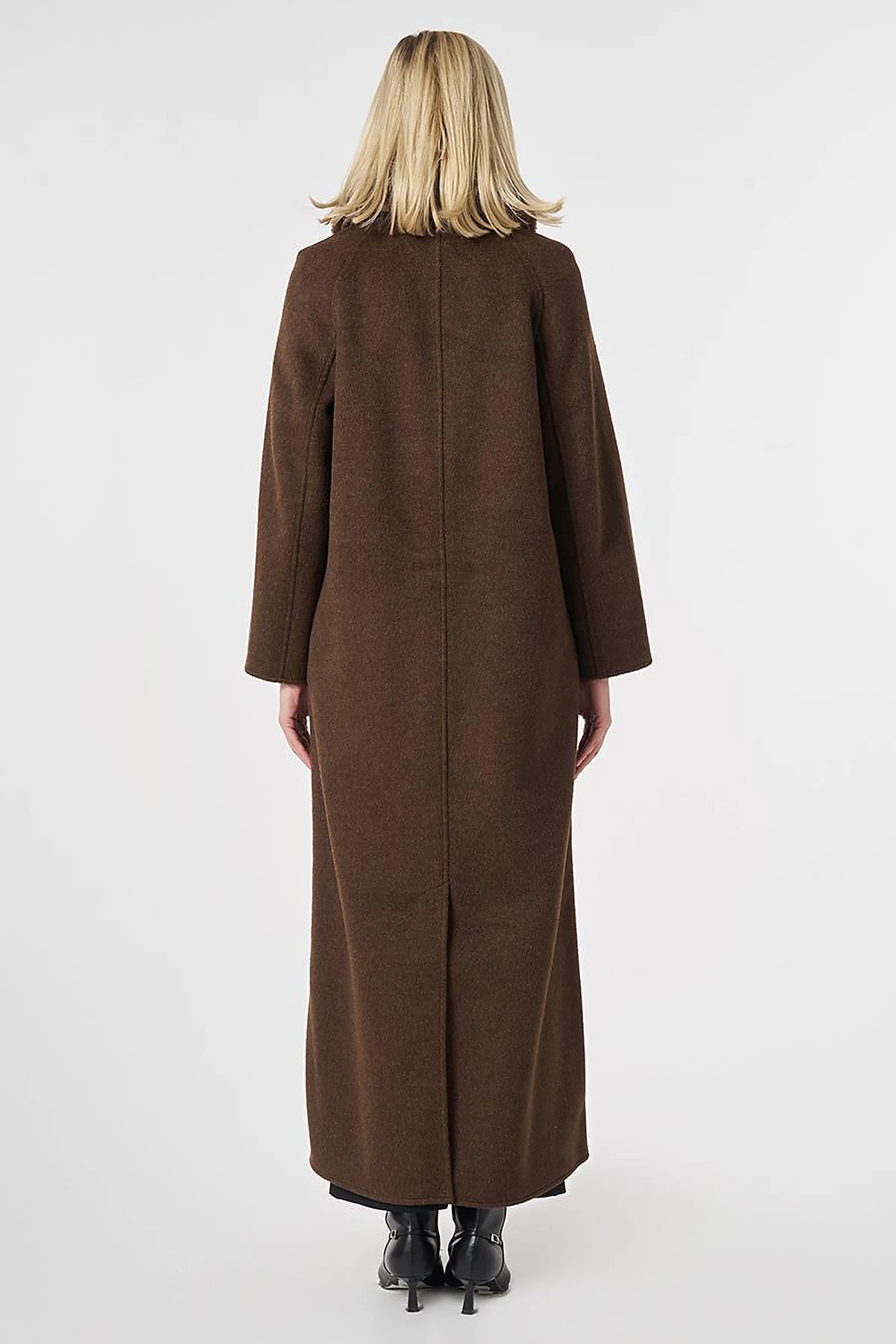 Long Wool Coat with Fur Collar Dark Brown