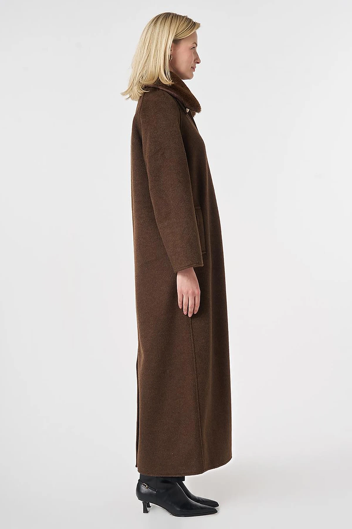 Long Wool Coat with Fur Collar Dark Brown