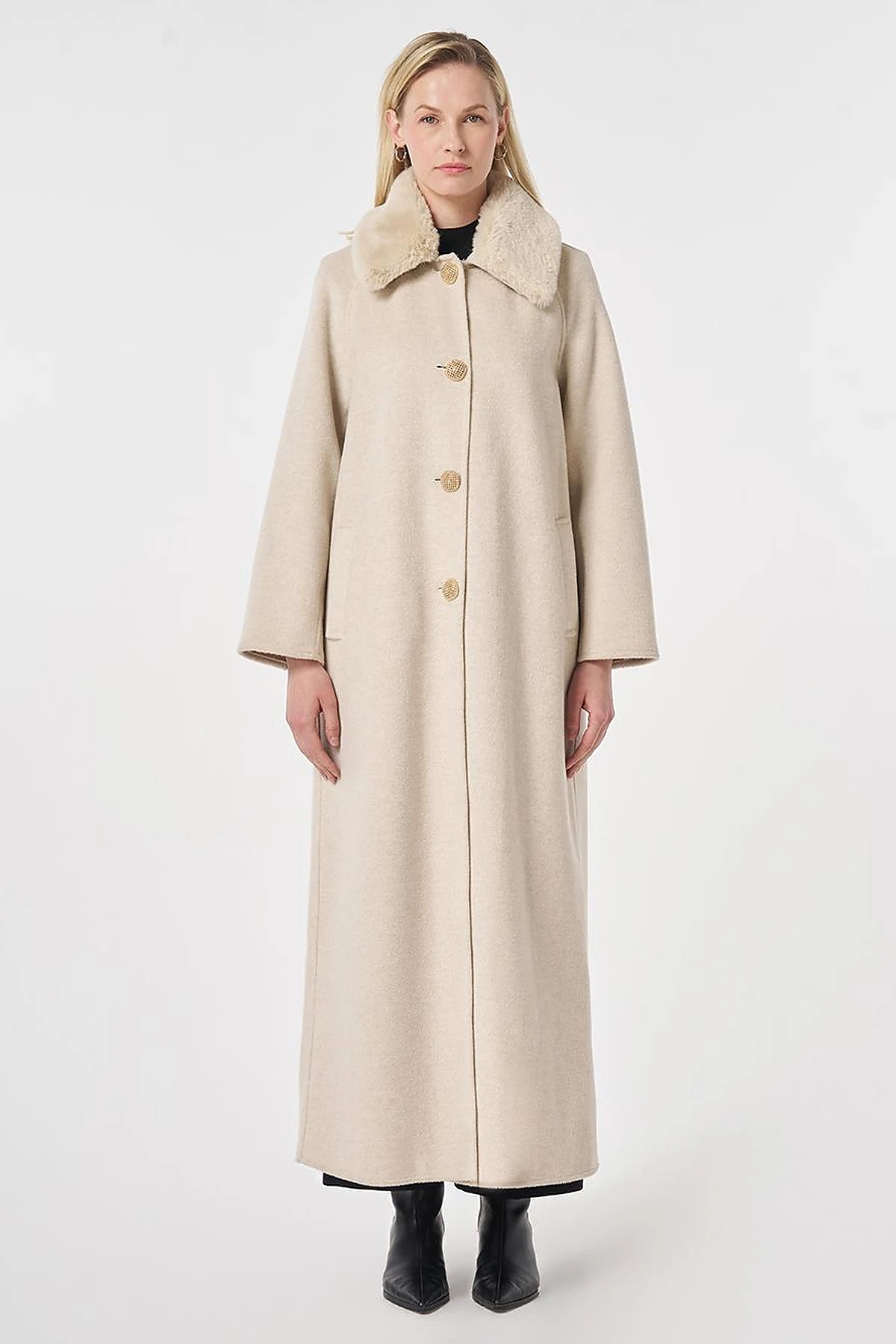 Long Wool Coat with Fur Collar Cream 