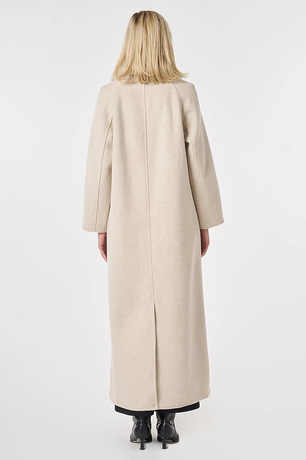 Long Wool Coat with Fur Collar Cream 