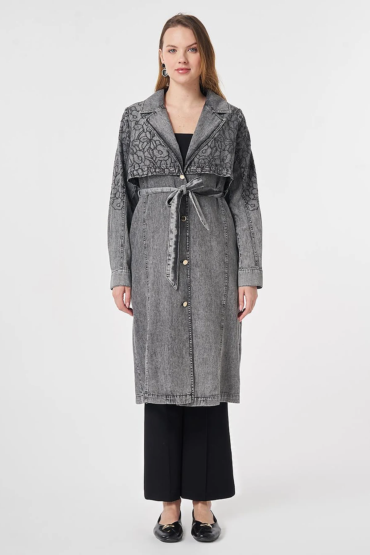 Embroidered Detail Denim Cape Anthracite