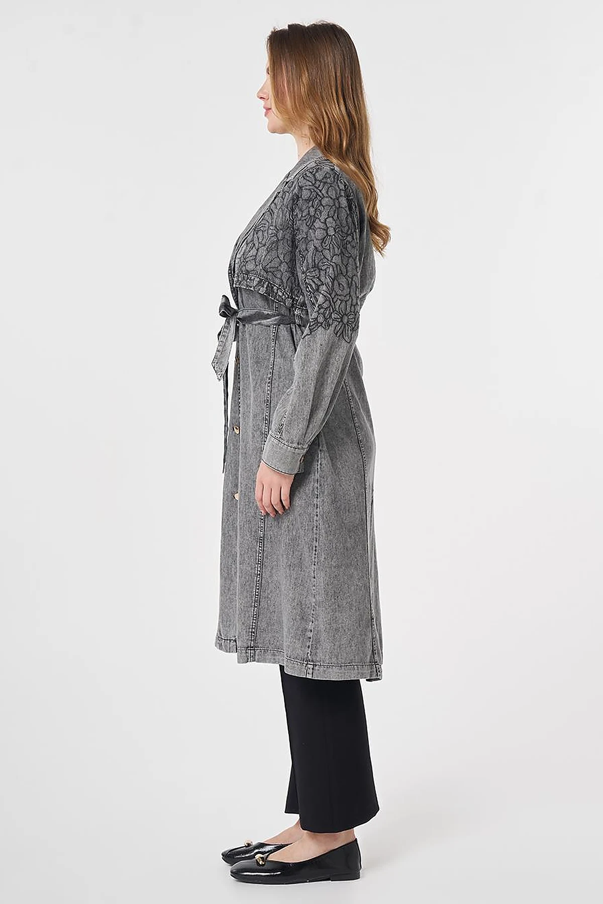 Embroidered Detail Denim Cape Anthracite