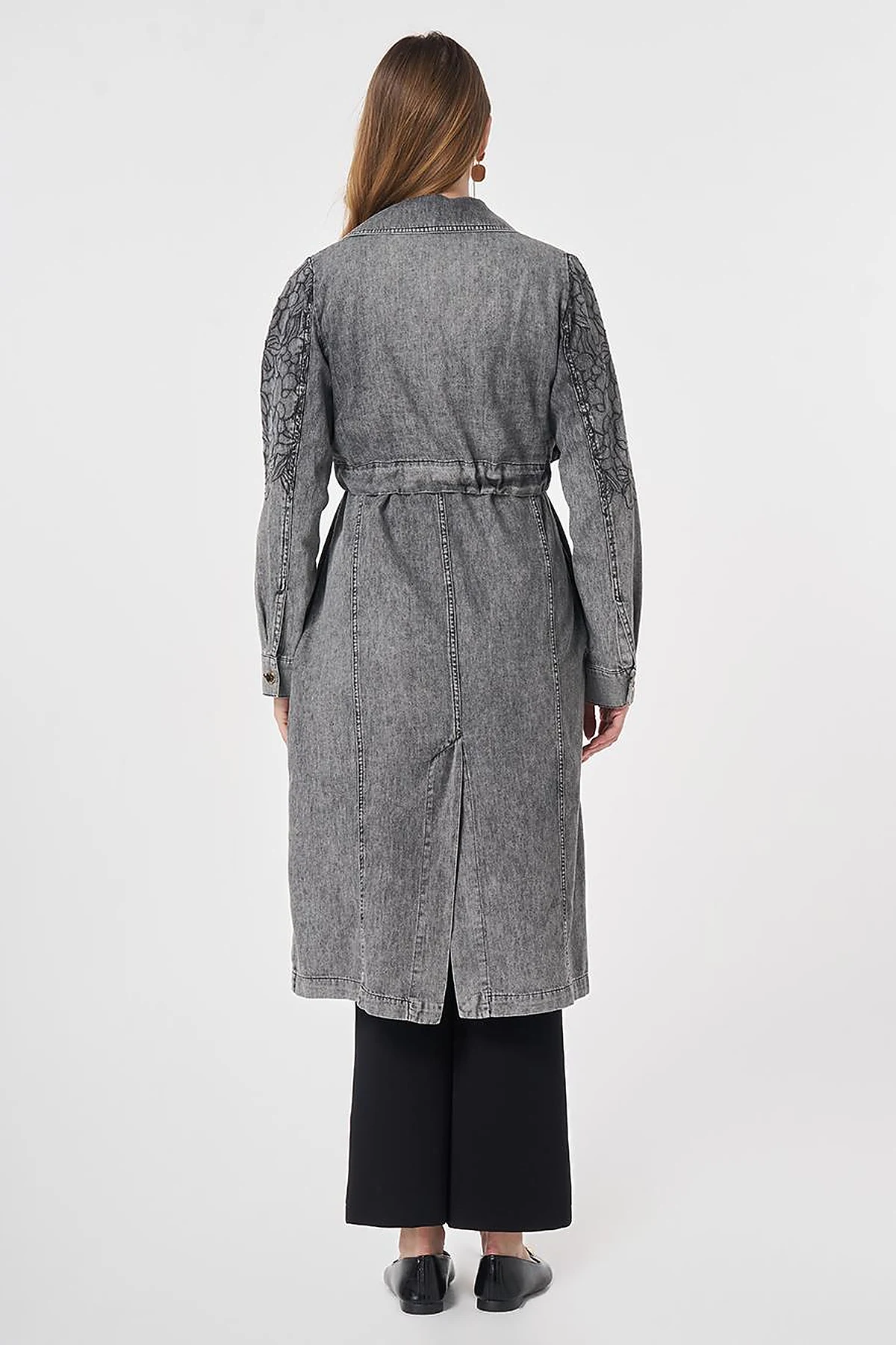 Embroidered Detail Denim Cape Anthracite
