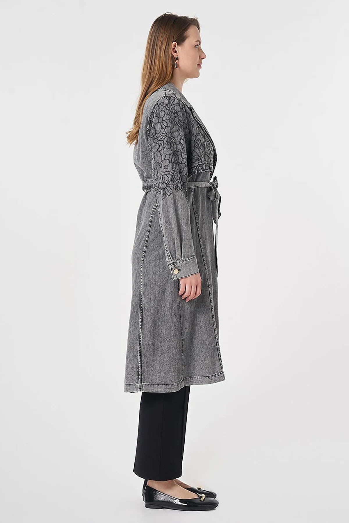 Embroidered Detail Denim Cape Anthracite