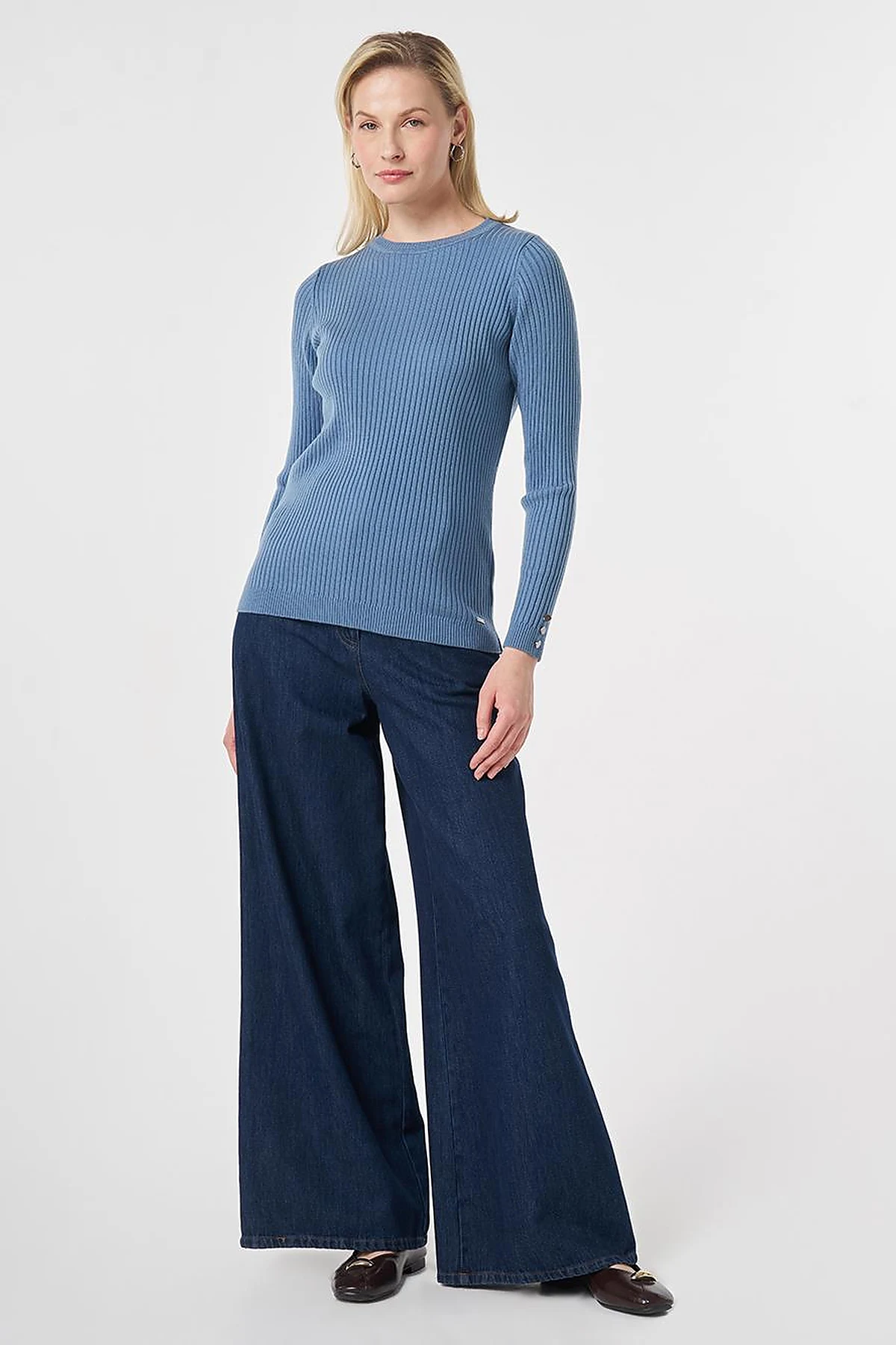 Zero Collar Ribbed Knitted Sweater Crown Blue