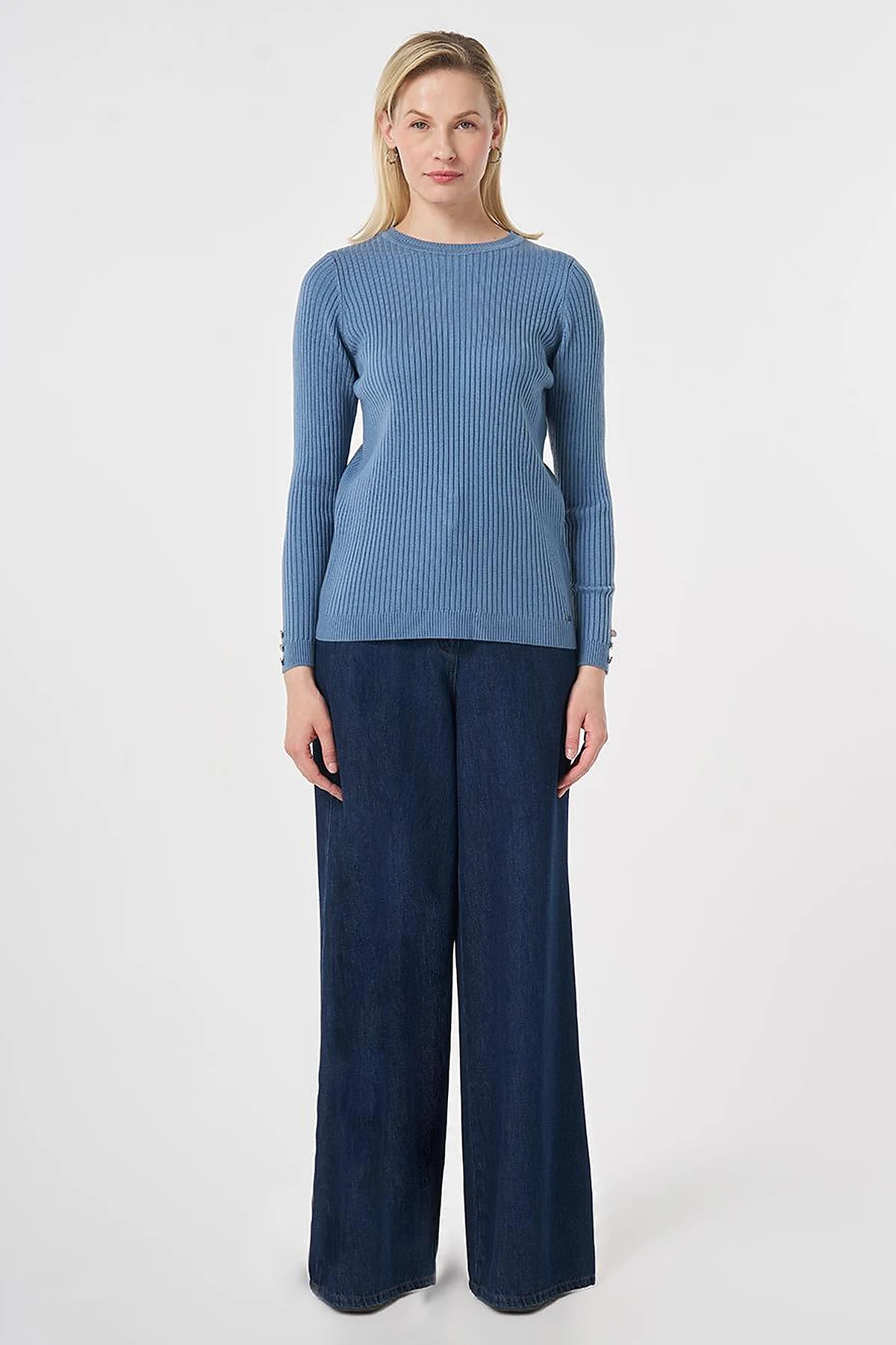 Zero Collar Ribbed Knitted Sweater Crown Blue