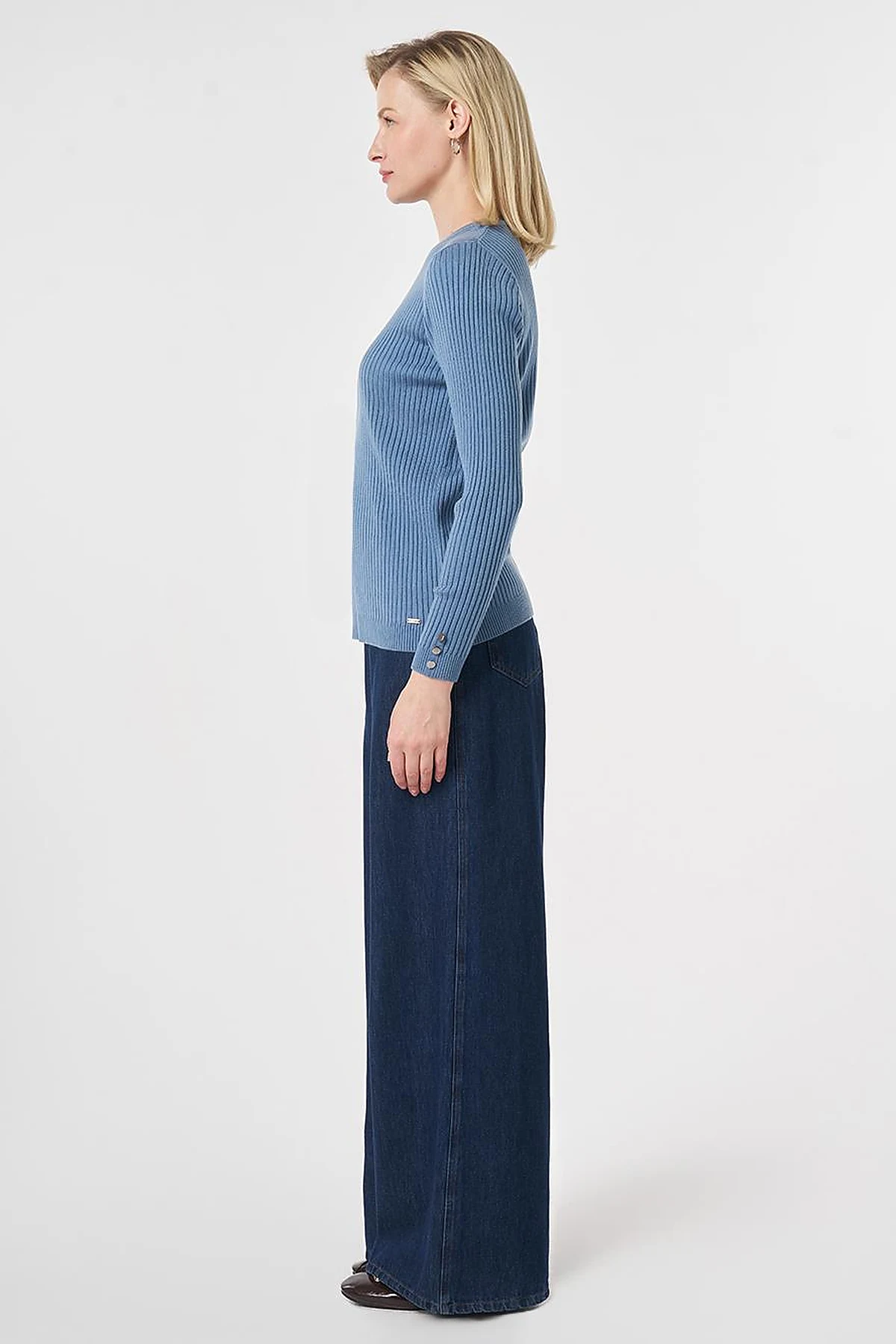 Zero Collar Ribbed Knitted Sweater Crown Blue