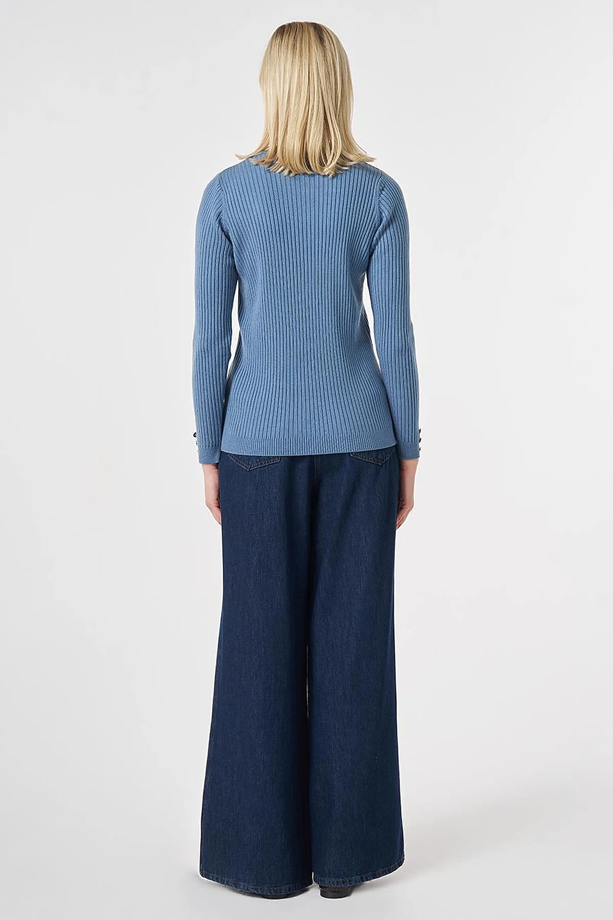 Zero Collar Ribbed Knitted Sweater Crown Blue
