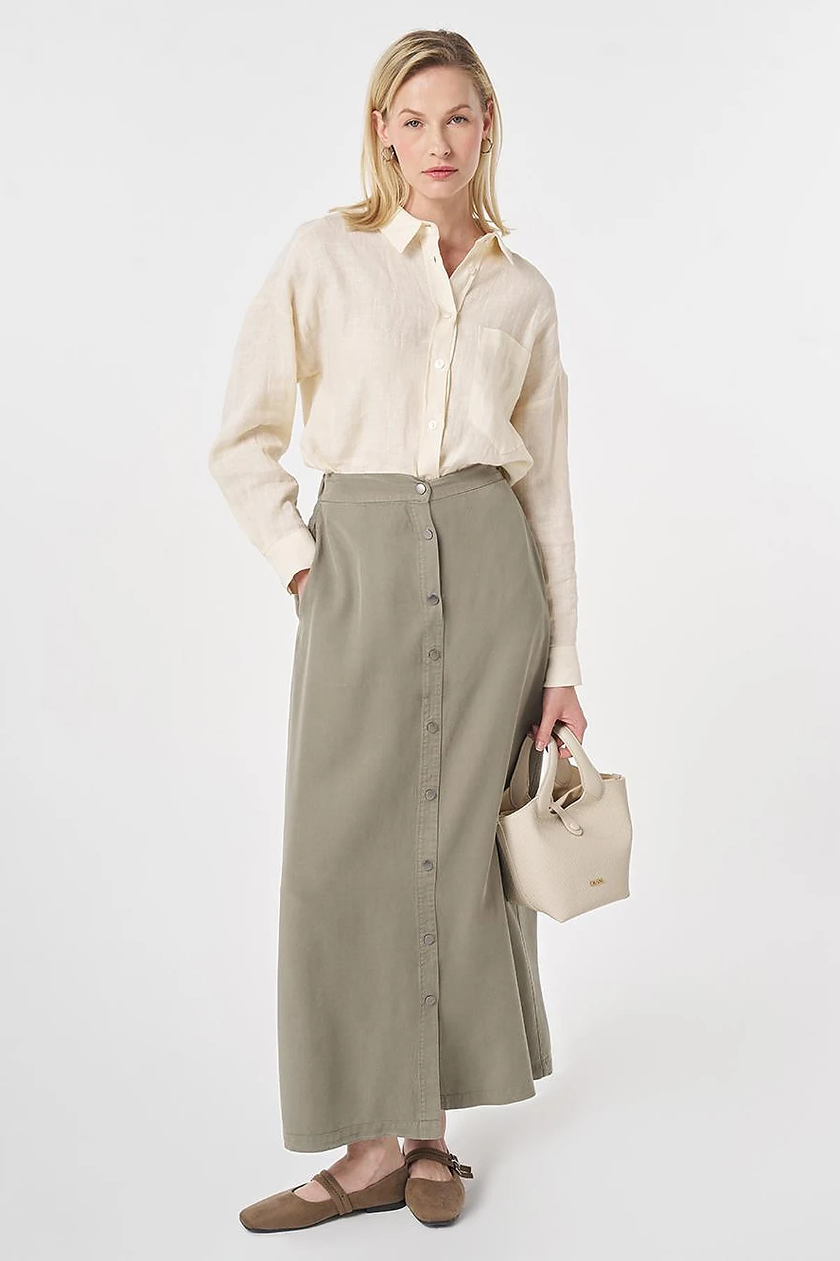 100% Lyocell Button Detail Skirt Khaki