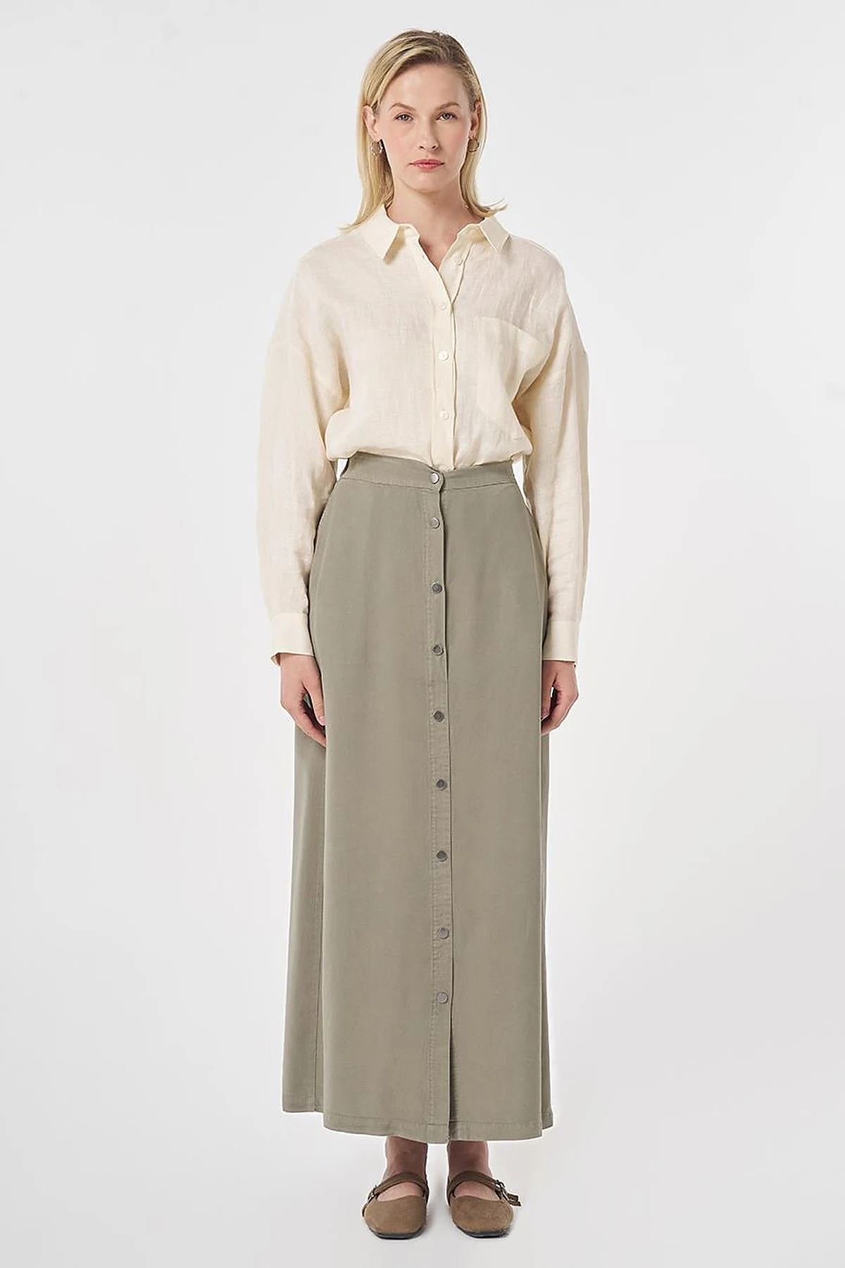 100% Lyocell Button Detail Skirt Khaki