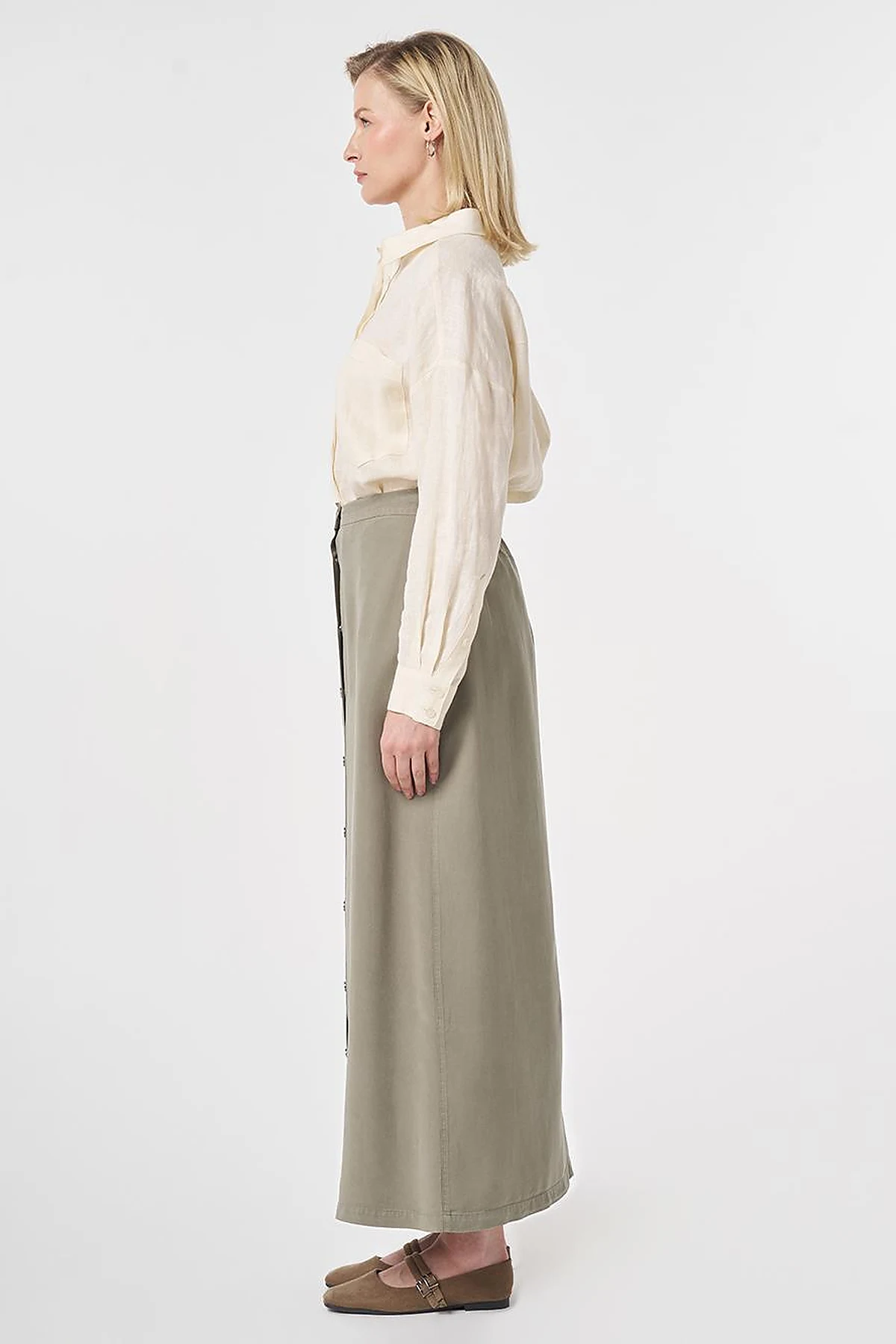 100% Lyocell Button Detail Skirt Khaki
