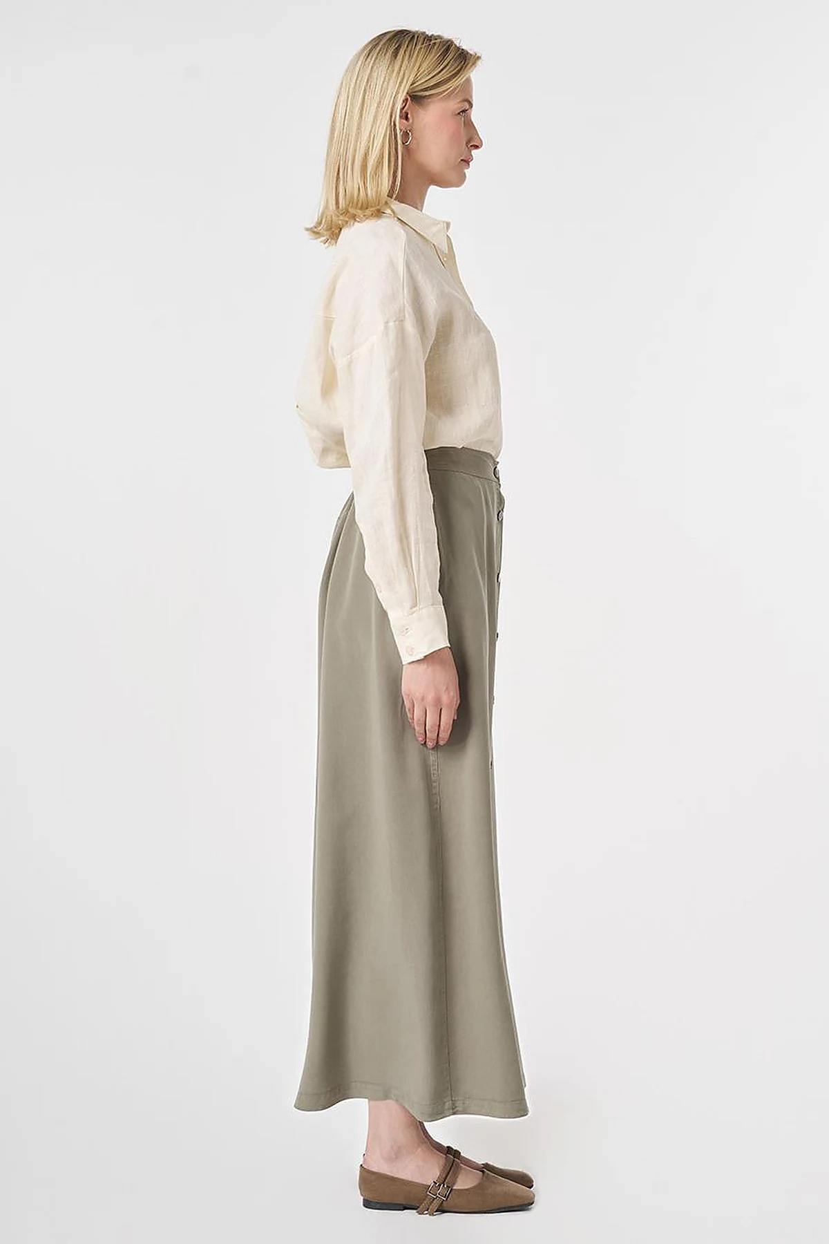 100% Lyocell Button Detail Skirt Khaki