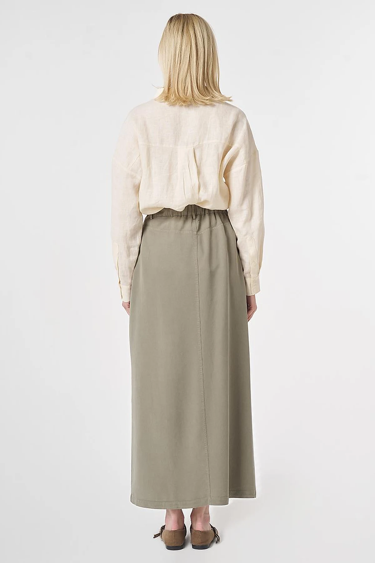 100% Lyocell Button Detail Skirt Khaki