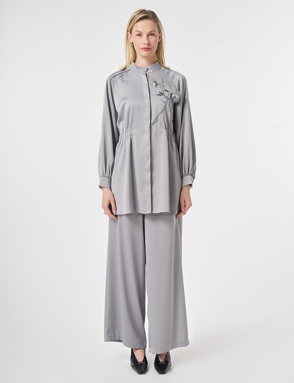 Embroidered Detail Satin Two-Piece Set Grey
