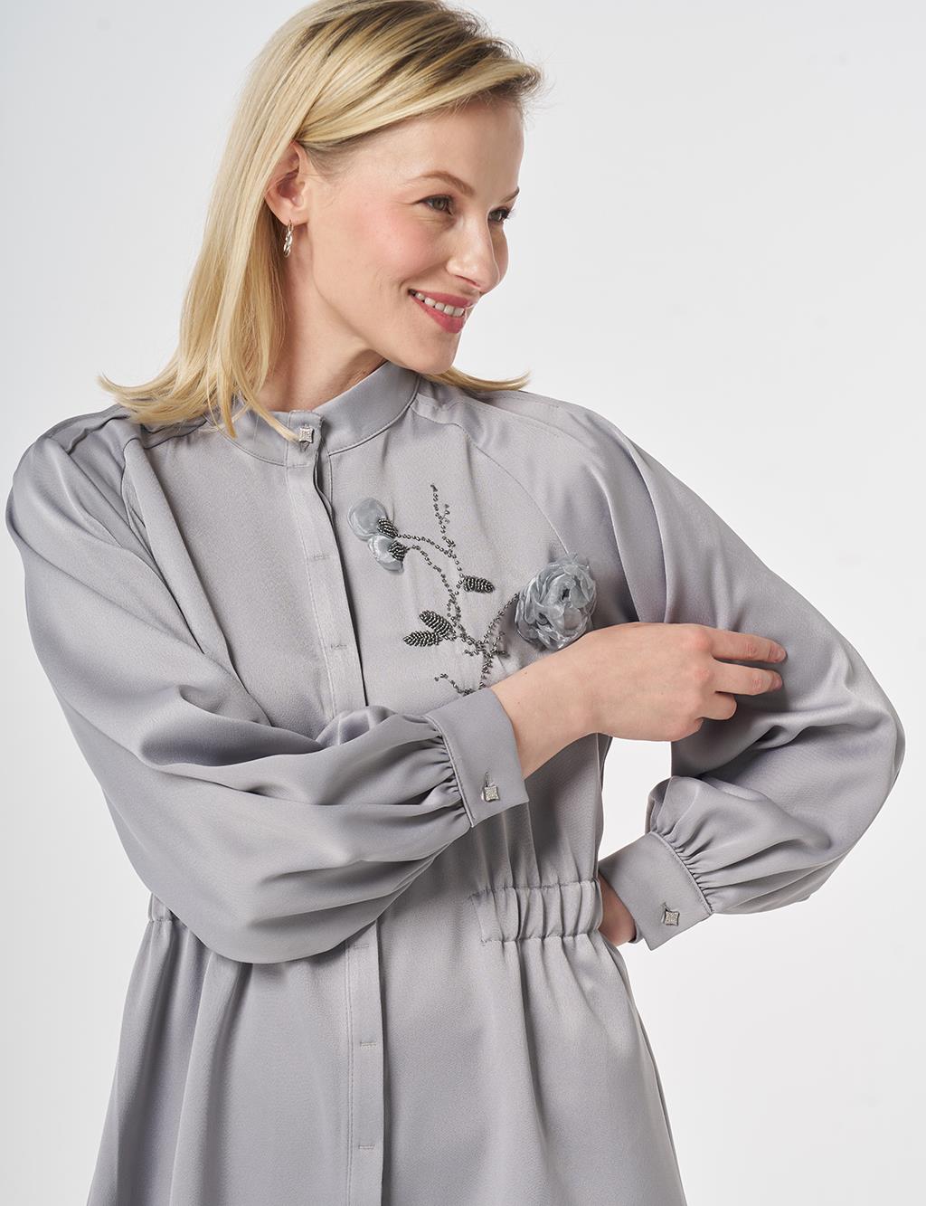 Embroidered Detail Satin Two-Piece Set Grey