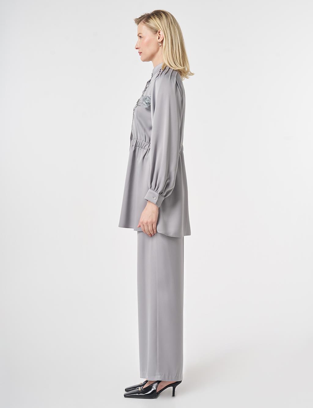 Embroidered Detail Satin Two-Piece Set Grey