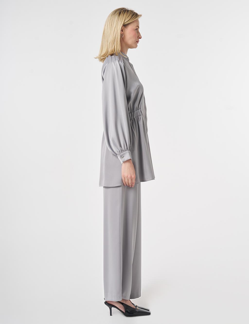 Embroidered Detail Satin Two-Piece Set Grey