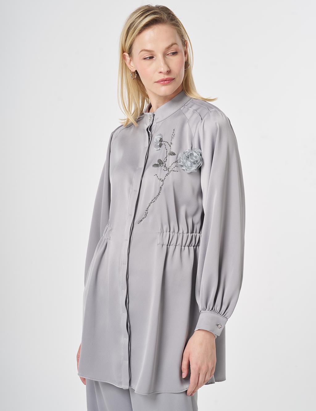 Embroidered Detail Satin Two-Piece Set Grey
