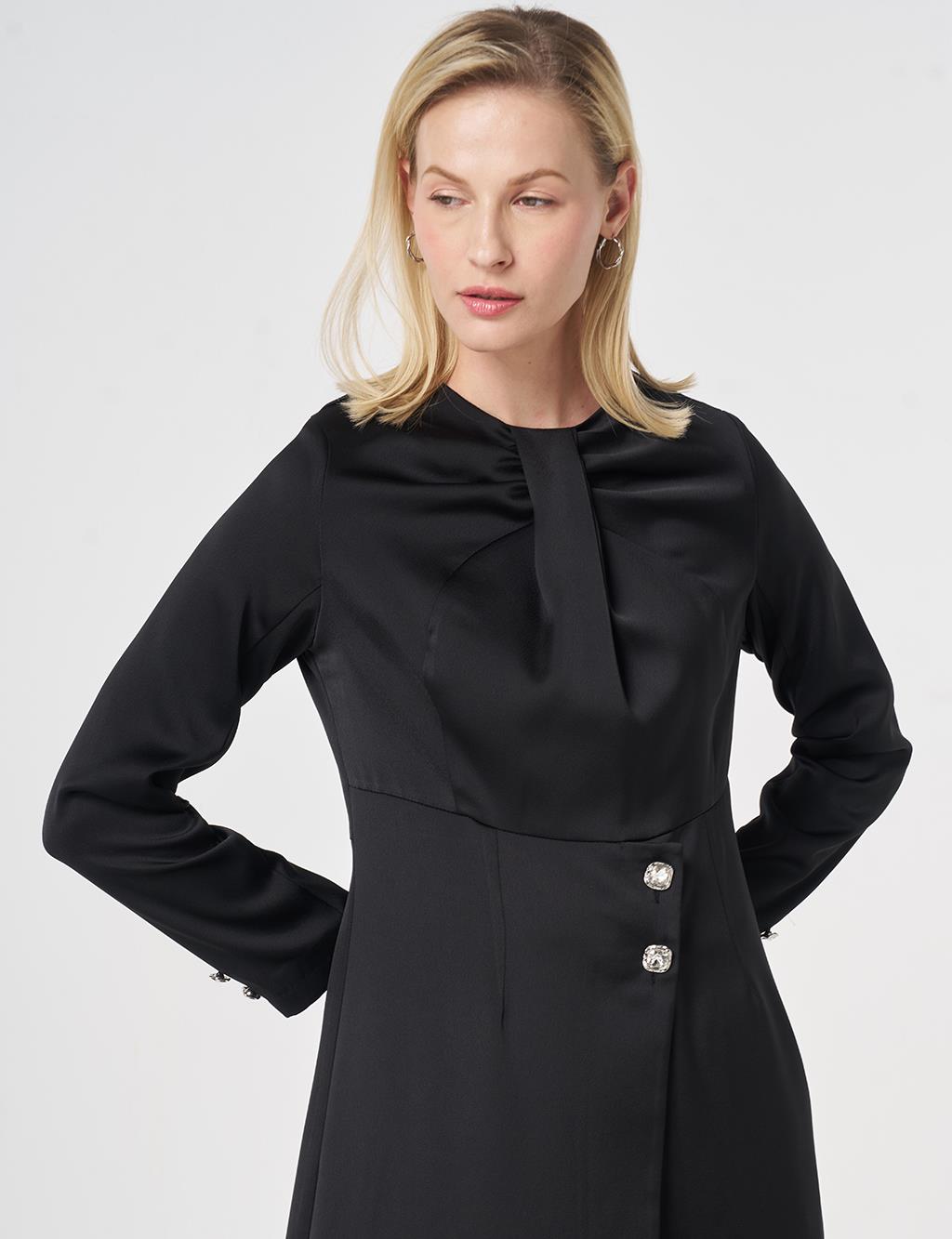 Elegant Satin Set with Glossy Buttons Black