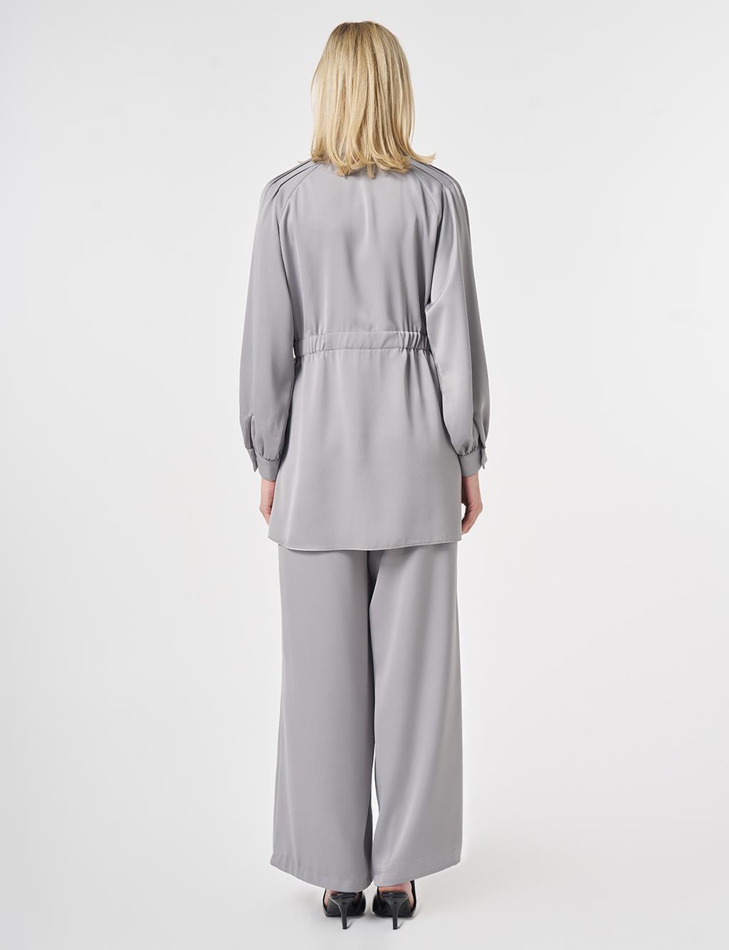 Embroidered Detail Satin Two-Piece Set Grey