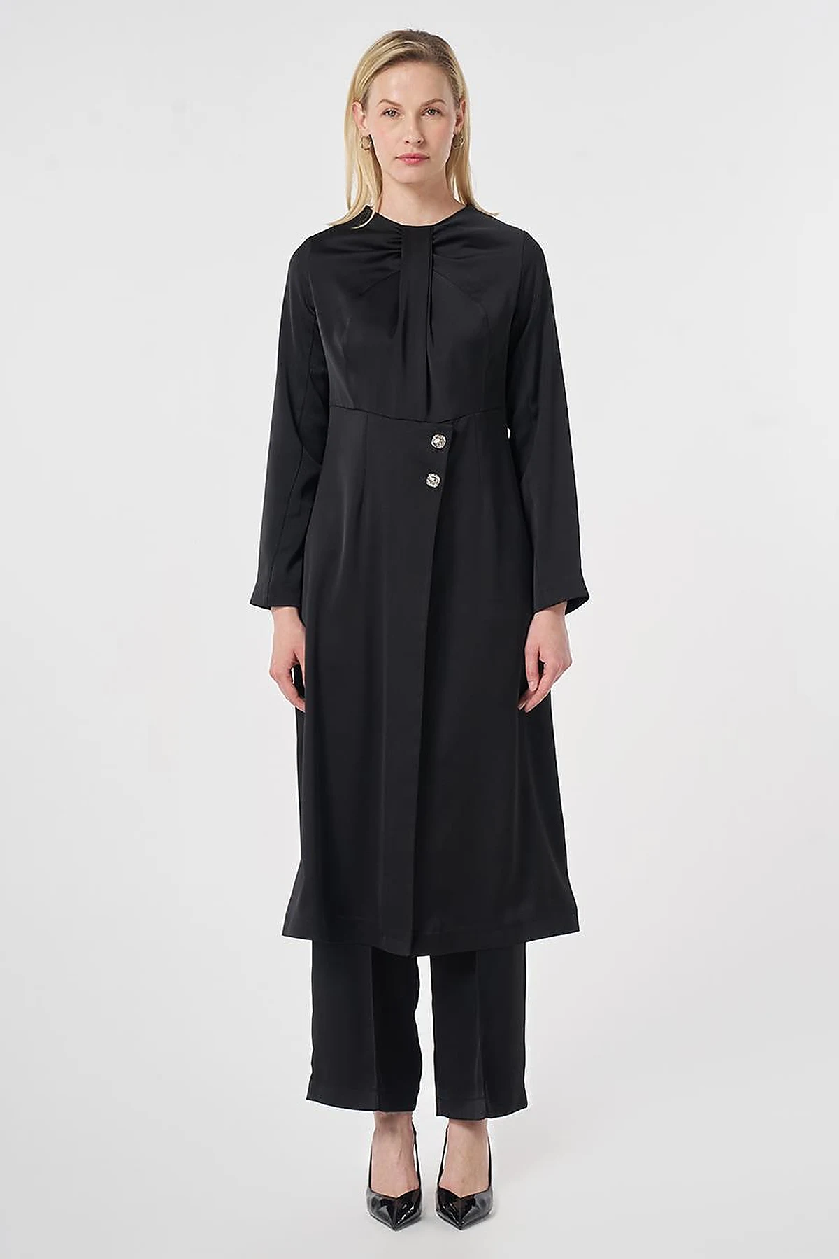 Elegant Satin Set with Glossy Buttons Black