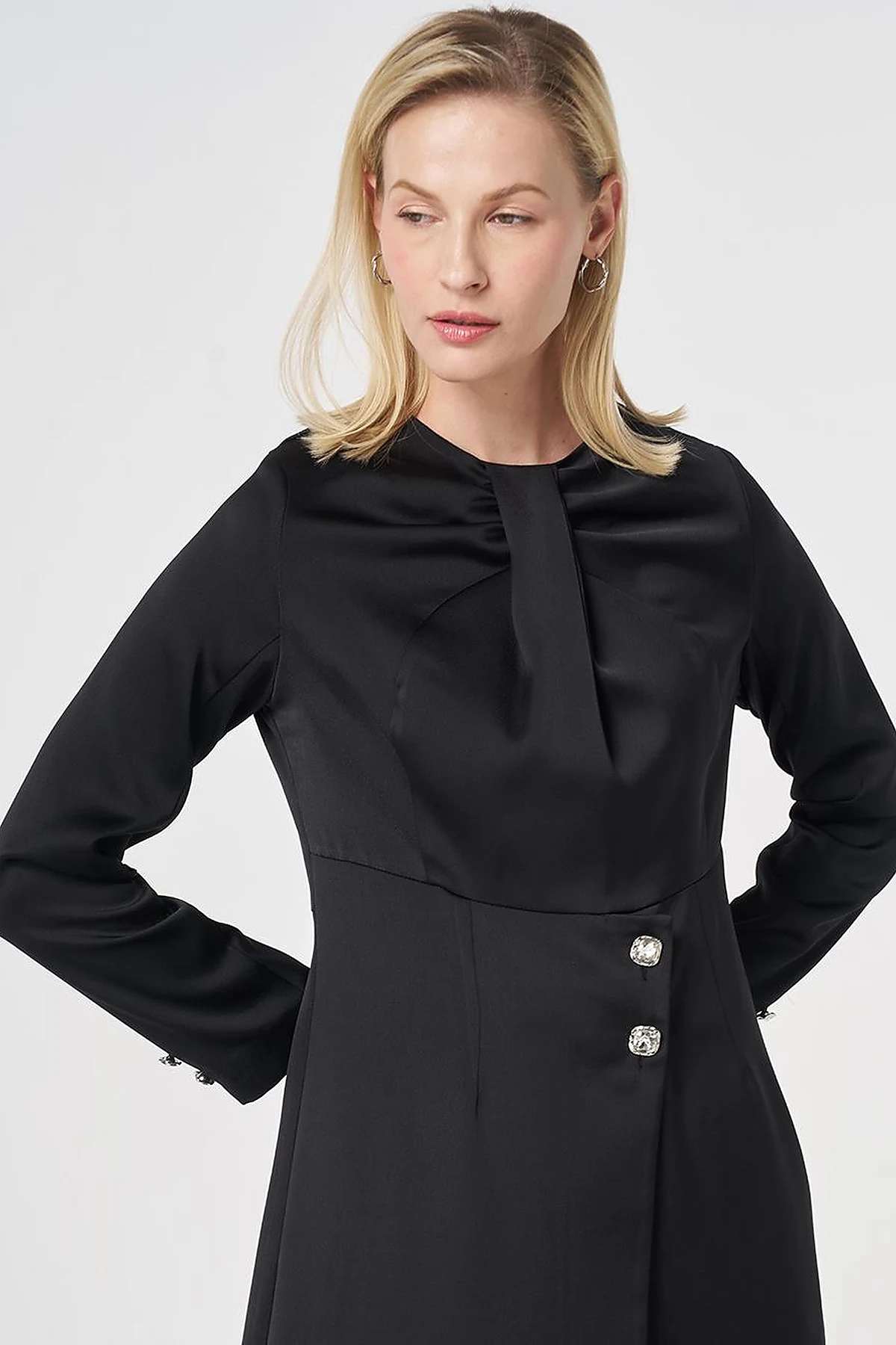 Elegant Satin Set with Glossy Buttons Black
