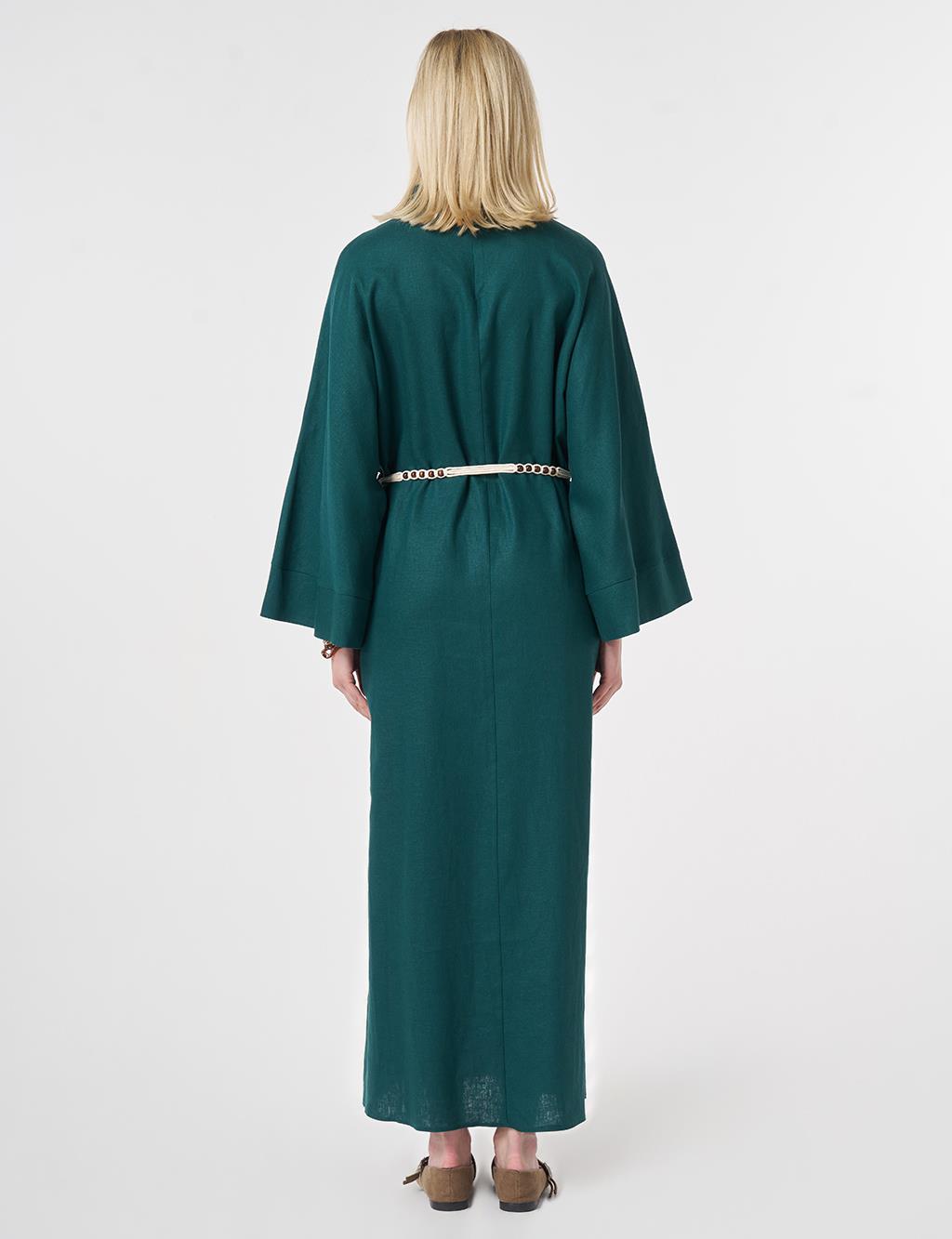 Rope-Belted Linen Lyocell Dress Pine Green