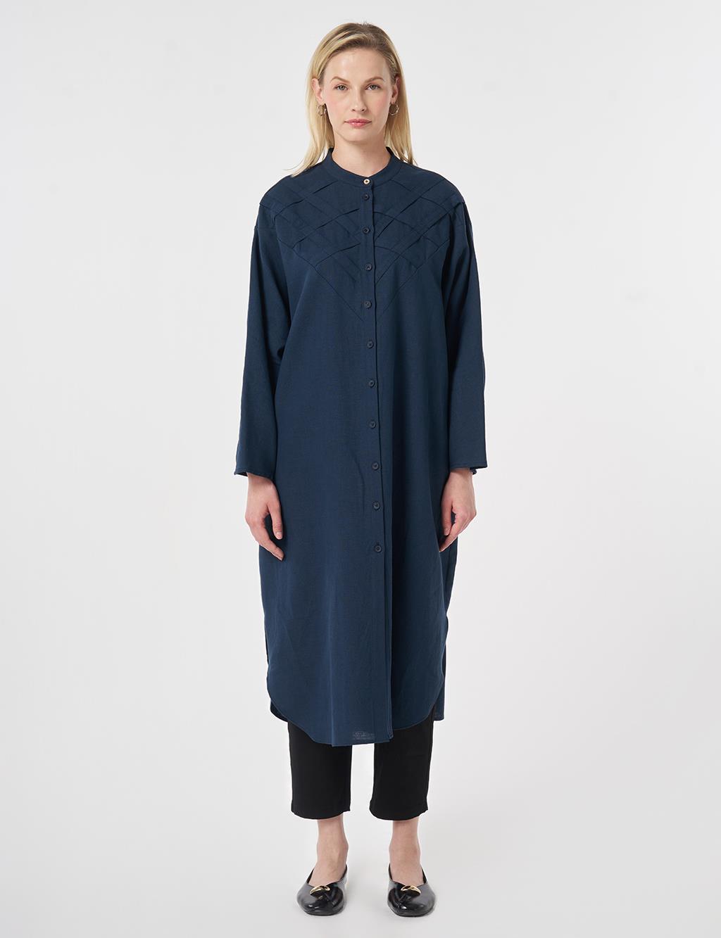 Lattice Knit Cotton-Linen Tunic Dark Navy