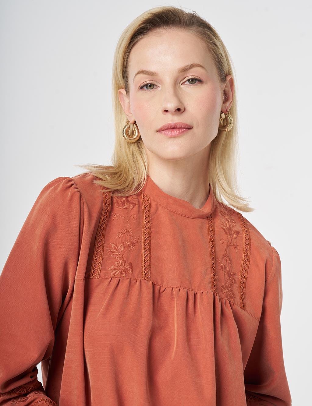 Striped Broderie Detailed Modal Tunic Brick Red