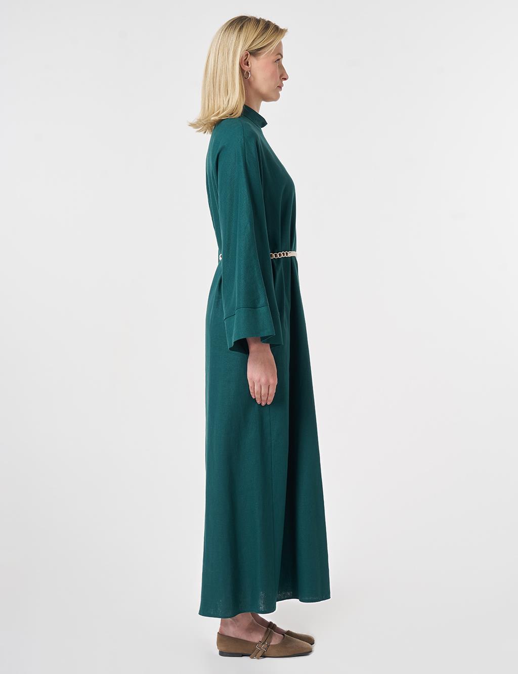 Rope-Belted Linen Lyocell Dress Pine Green