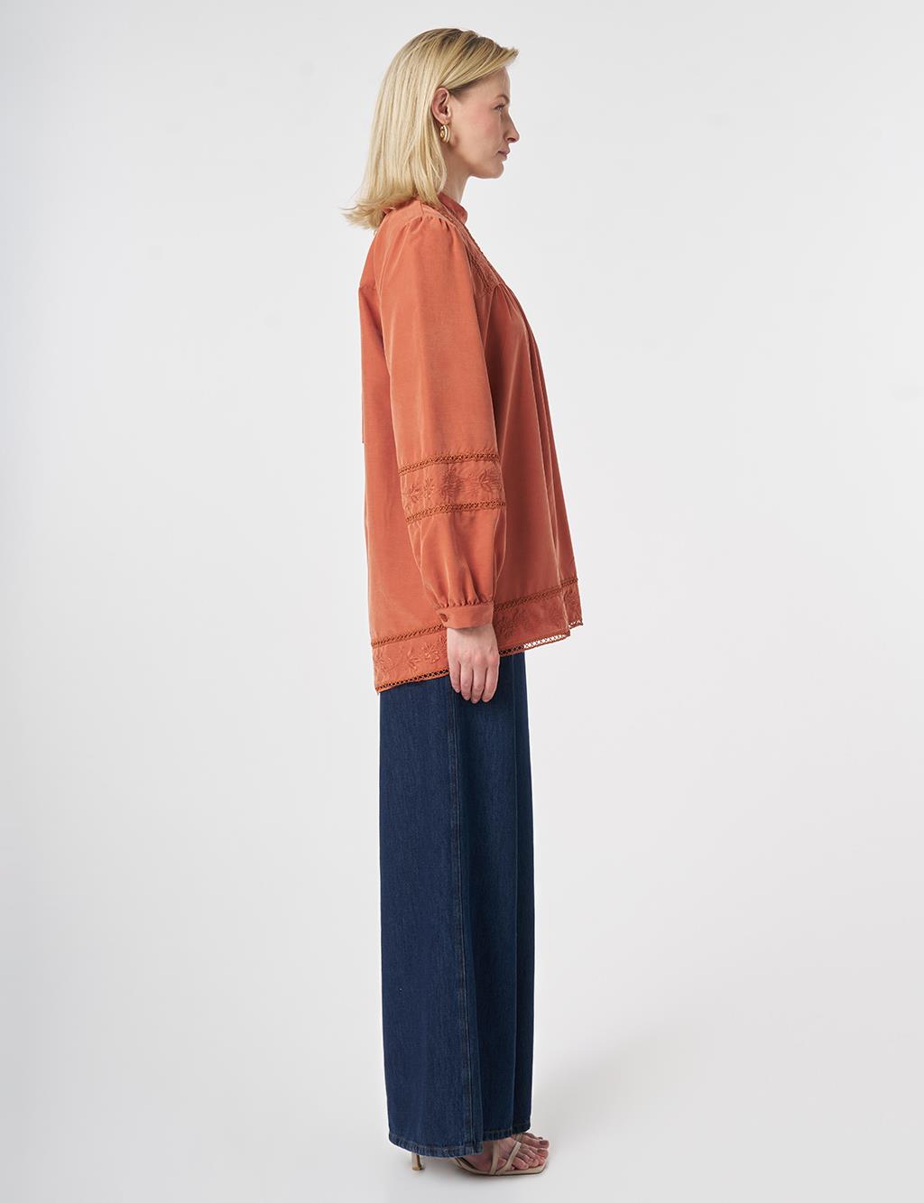 Striped Broderie Detailed Modal Tunic Brick Red