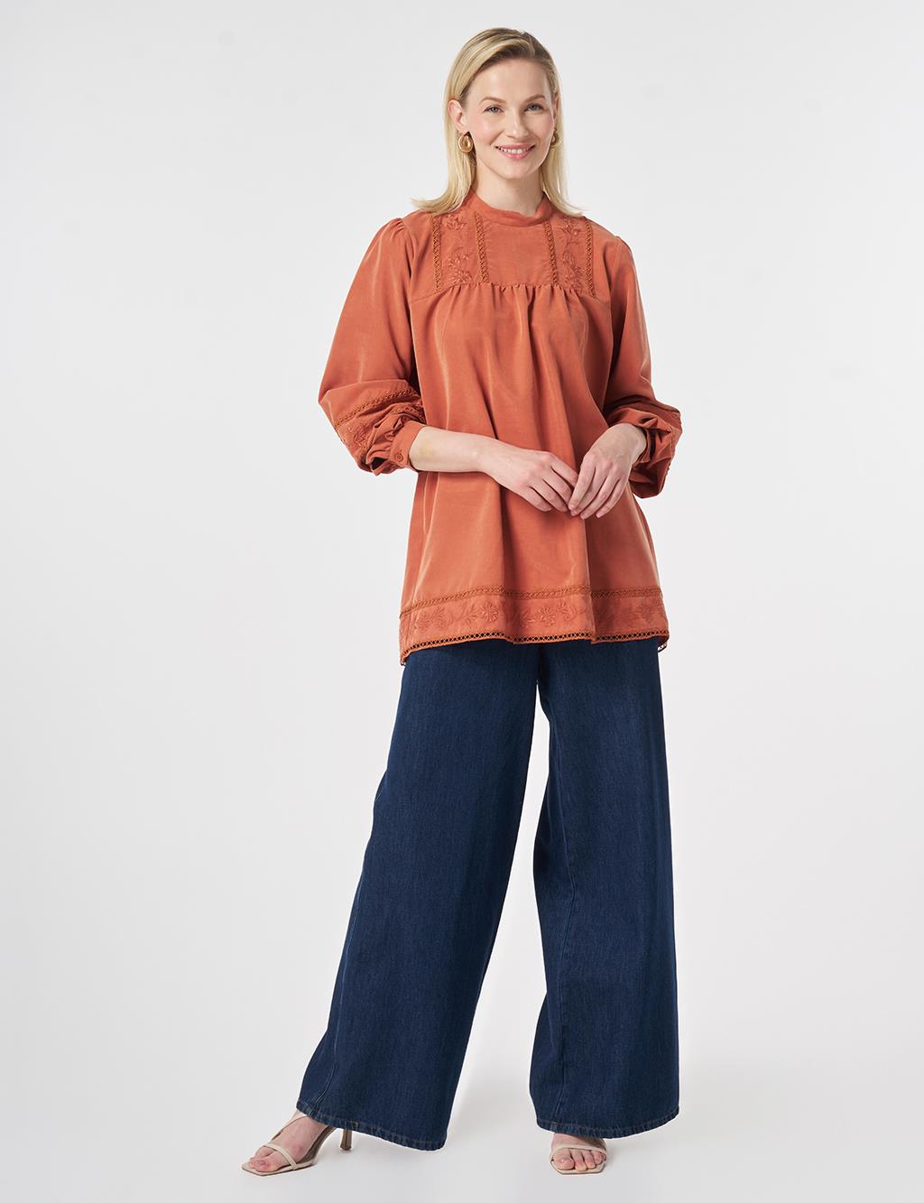 Striped Broderie Detailed Modal Tunic Brick Red