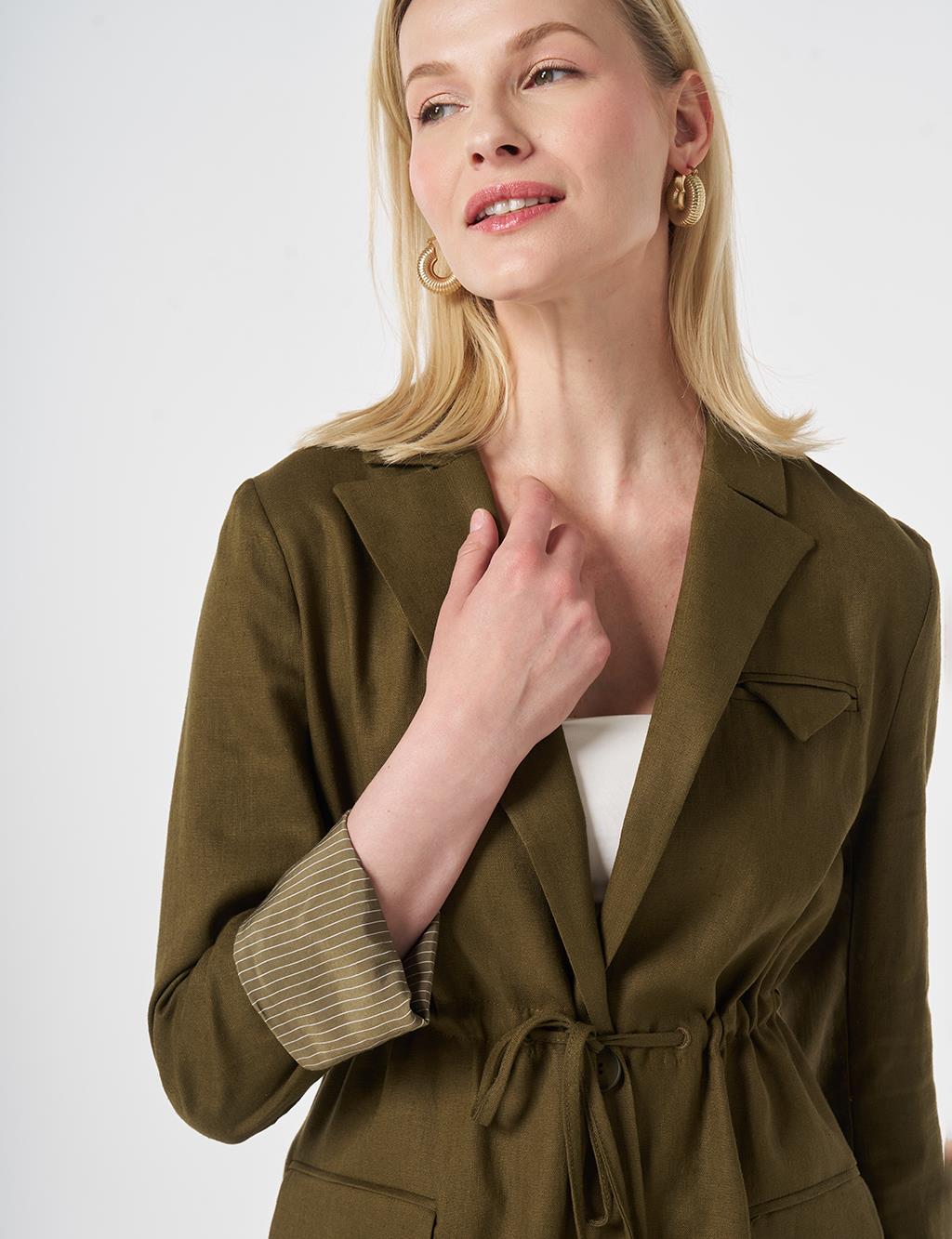 Waist-Gathered Blazer Jacket Dark Khaki