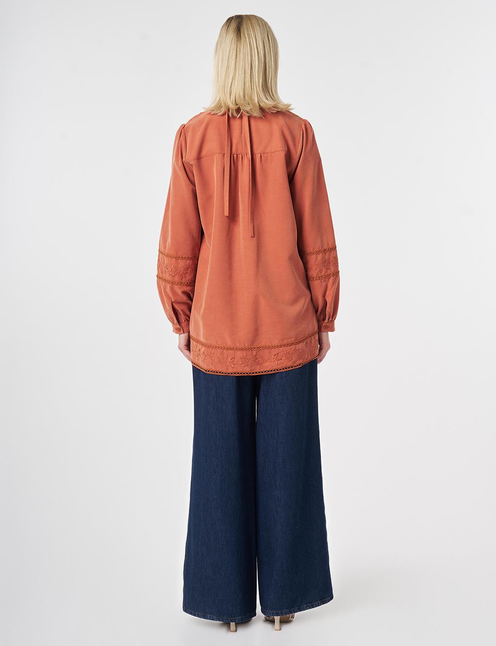 Striped Broderie Detailed Modal Tunic Brick Red