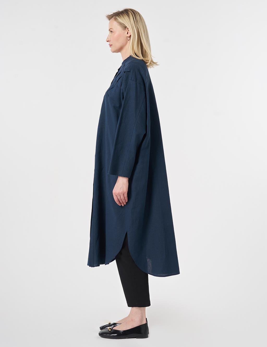 Lattice Knit Cotton-Linen Tunic Dark Navy