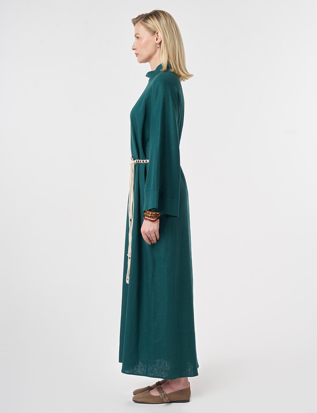 Rope-Belted Linen Lyocell Dress Pine Green