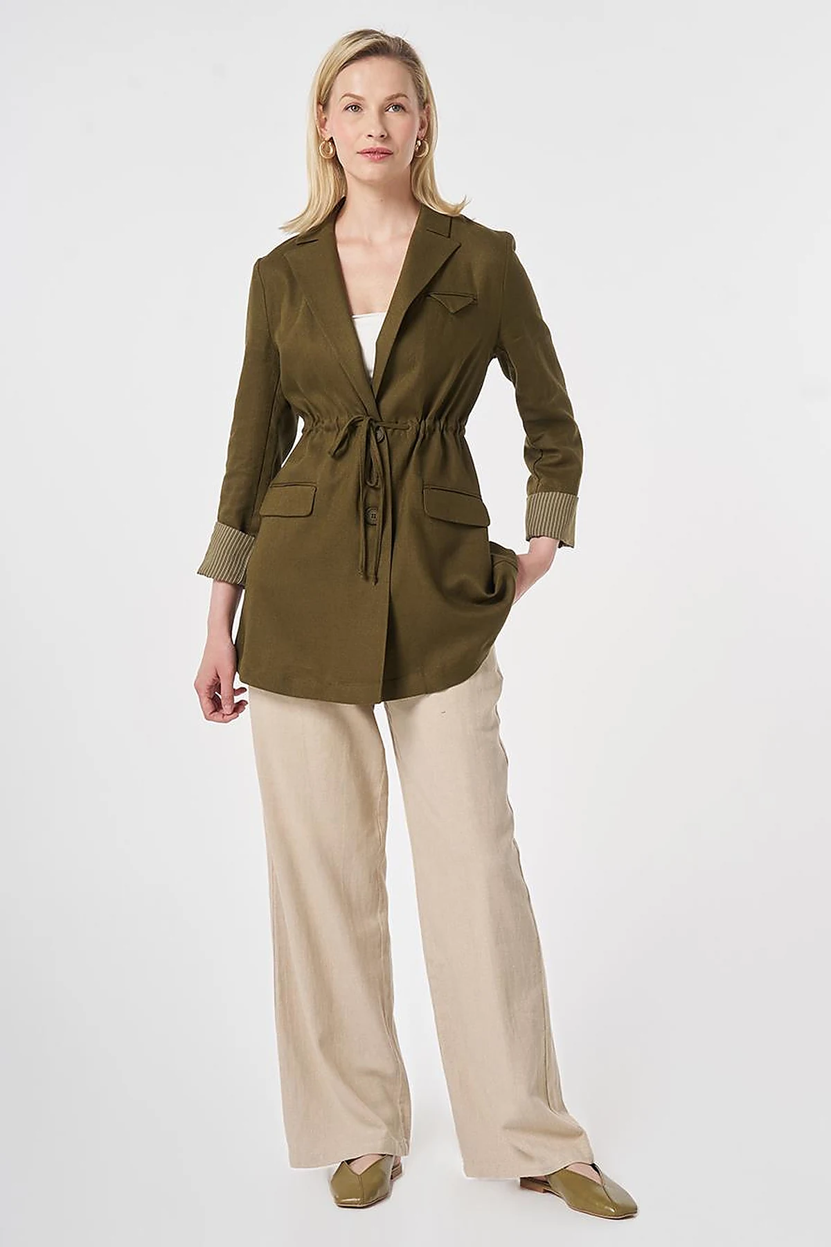 Waist-Gathered Blazer Jacket Dark Khaki
