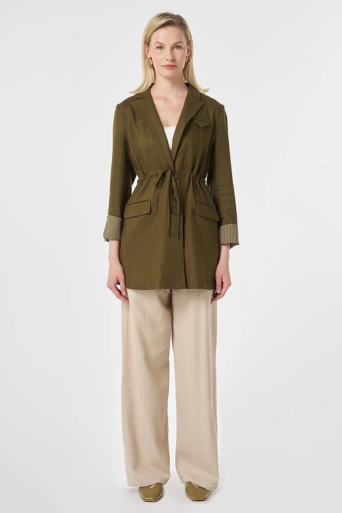 Waist-Gathered Blazer Jacket Dark Khaki