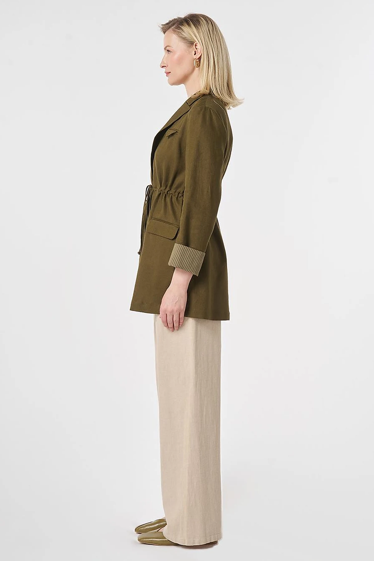 Waist-Gathered Blazer Jacket Dark Khaki